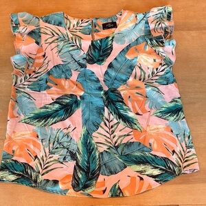 Vibrant Leaf Print Ruffle Sleeve Blouse